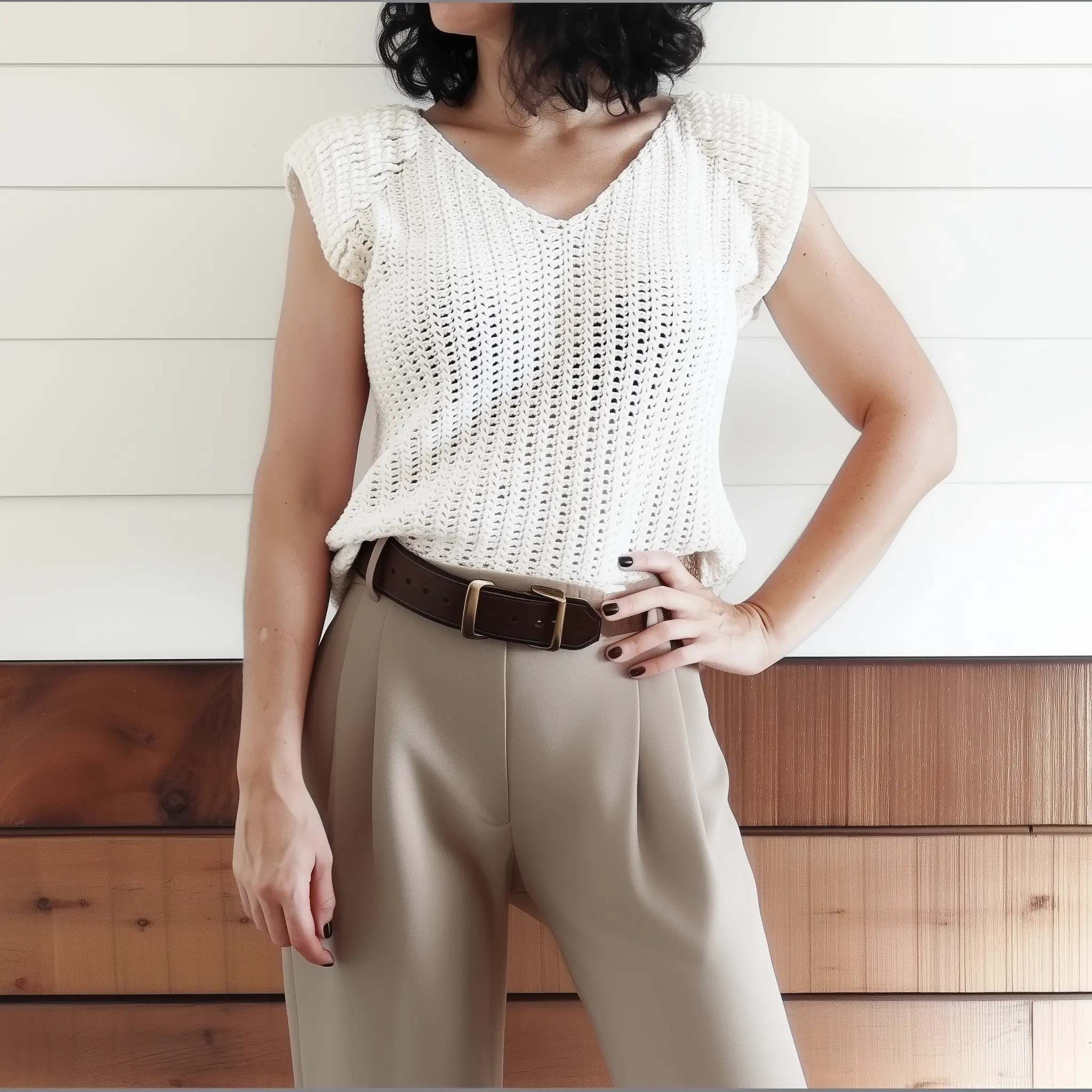 Model wearing the Ekam crochet cap sleeve top, a minimalist DIY summer pattern perfect for elegant handmade outfits.